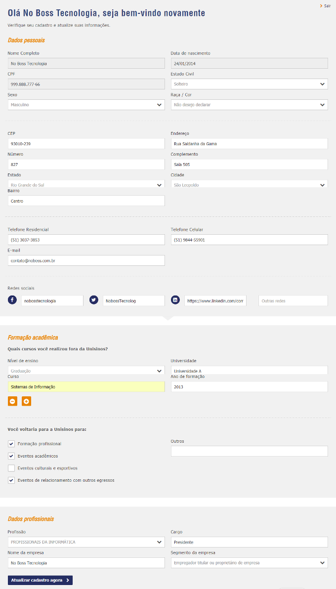 Personal, academic and professional data updating form